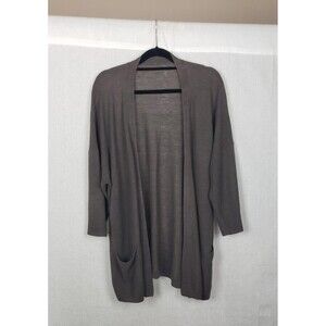 Eileen Fisher Cardigan Sweater Open Khaki Green 100% Organic Linen Ribbed Casual